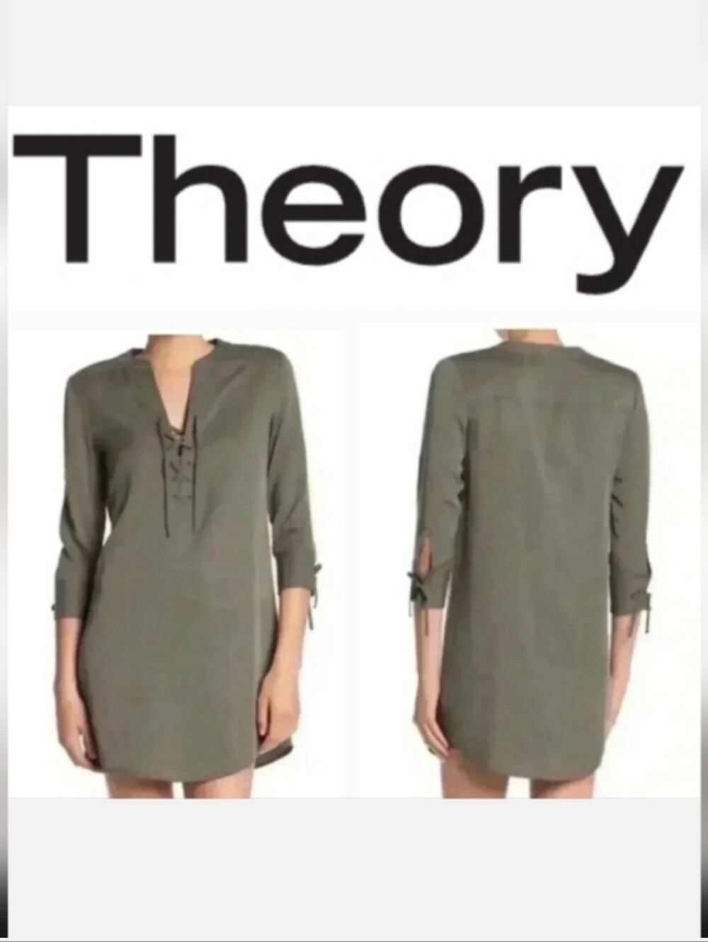 Theory Jullitah Lace Up Dress ¾ Sleeve Deep Sage Green Sz 10